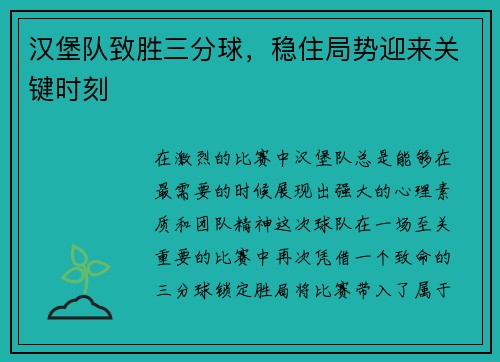 汉堡队致胜三分球，稳住局势迎来关键时刻