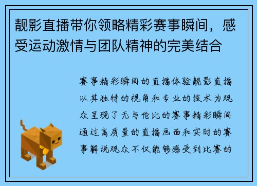 靓影直播带你领略精彩赛事瞬间，感受运动激情与团队精神的完美结合